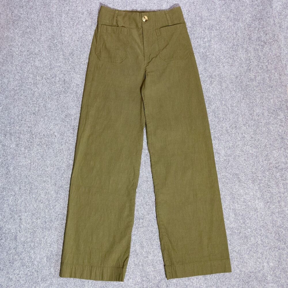 Maeve Anthropologie Colette Wide Leg Full Length Pants Green Linen Blend 26
